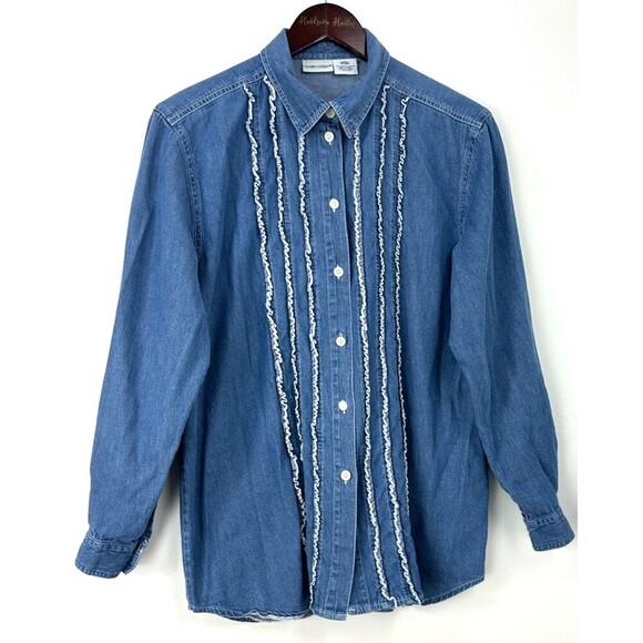 Cabin Creek Womens Button Up Shirt Long Sleeve Ruffle Chambray Sz L 1042E4 - Picture 2 of 10